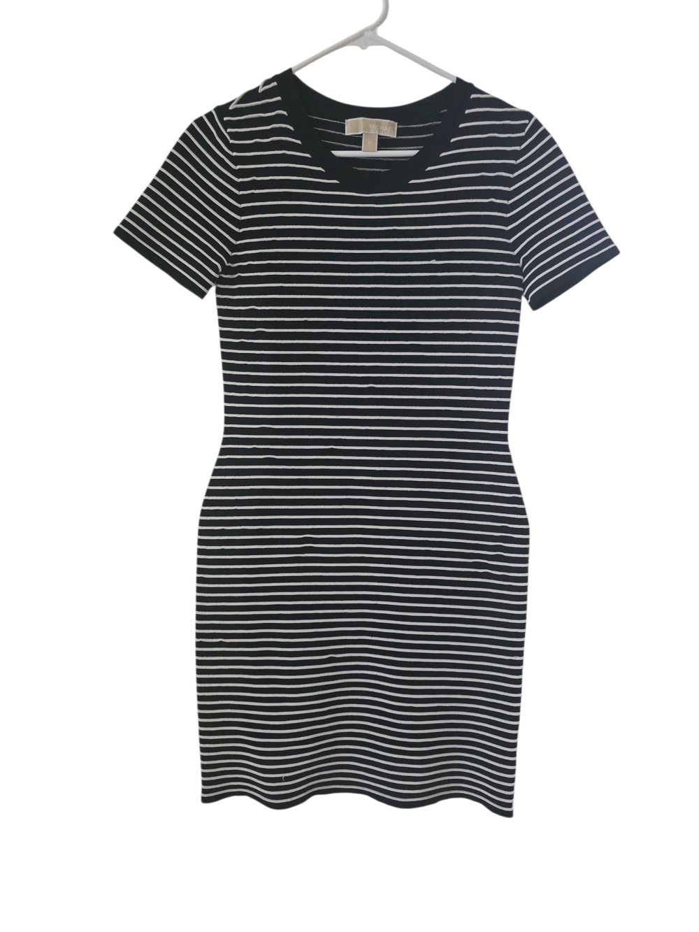 Michael Kors Black and White Striped Short Sleeve Mini Dress